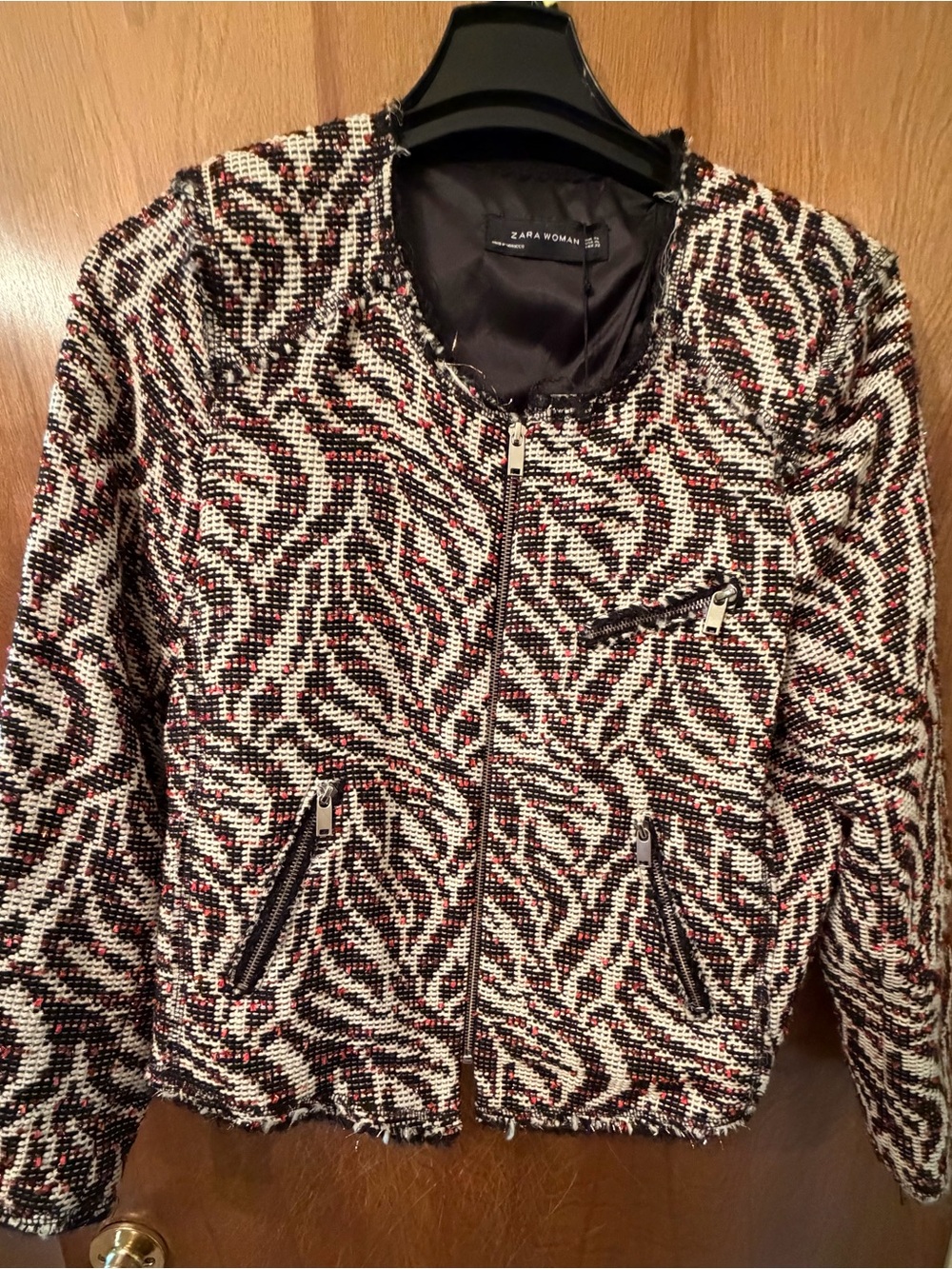Zara Woman Tweed Zip Moto Jacket - Black, White & Red